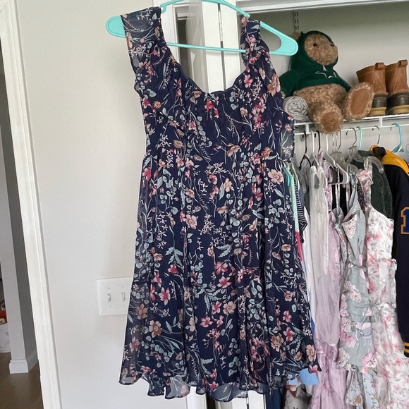 My Favorite Navy Blue Floral Print Off-the-Shoulder Dress - Picture 4 of 4